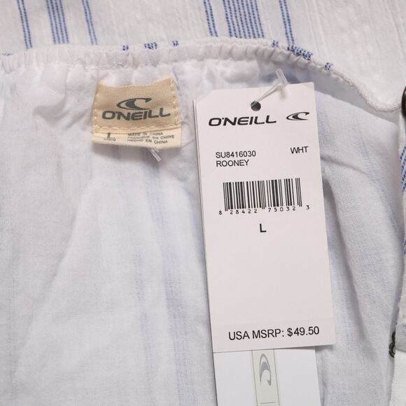 O'Neill White Blue Striped Cotton Mini Dress Ruffle Hem Swing Sundress Size L - Picture 9 of 12